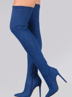 Bottes hautes noires à bout pointu en daim au-dessus du genou Bottes élastiques