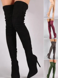 Bottes hautes noires à bout pointu en daim au-dessus du genou Bottes élastiques