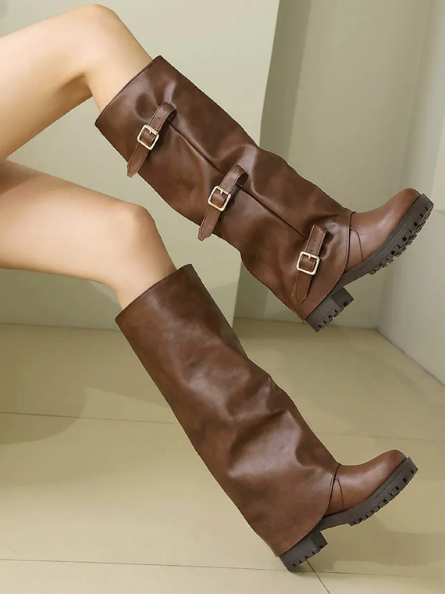 Bottes hautes noires pour femmes bout rond détails en boucle plates