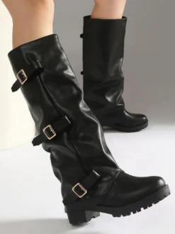 Bottes hautes noires pour femmes bout rond détails en boucle plates