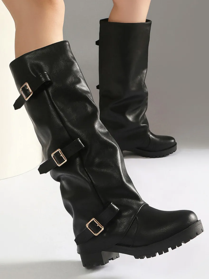 Bottes hautes noires pour femmes bout rond détails en boucle plates