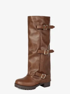 Bottes hautes noires pour femmes bout rond détails en boucle plates