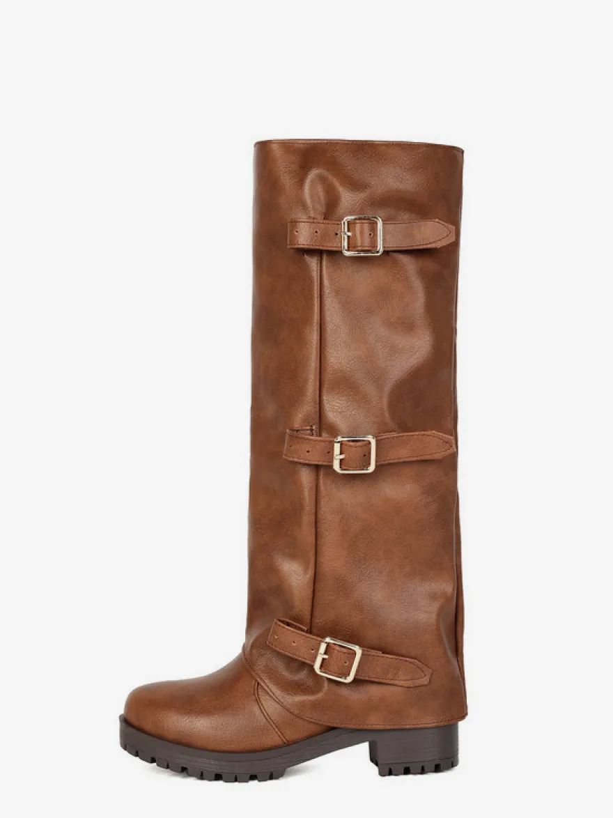 Bottes hautes noires pour femmes bout rond détails en boucle plates