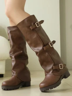 Bottes hautes noires pour femmes bout rond détails en boucle plates