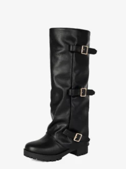 Bottes hautes noires pour femmes bout rond détails en boucle plates