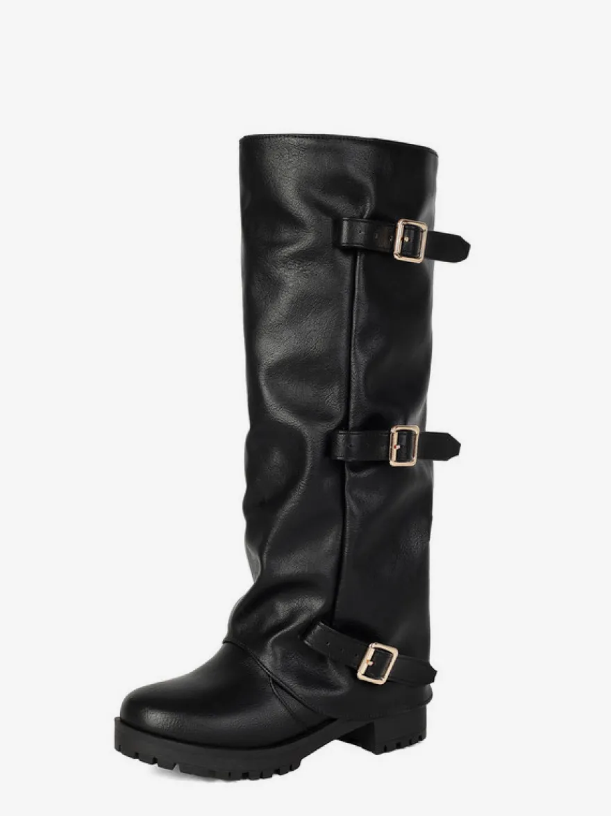 Bottes hautes noires pour femmes bout rond détails en boucle plates