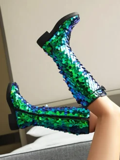 Bottes hautes à paillettes et à lacets bout rond plates pour femmes