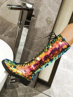 Bottes hautes à paillettes et à lacets bout rond plates pour femmes