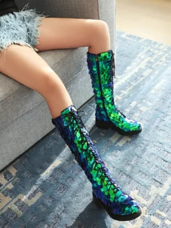 Bottes hautes à paillettes et à lacets bout rond plates pour femmes