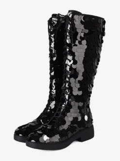 Bottes hautes à paillettes et à lacets bout rond plates pour femmes