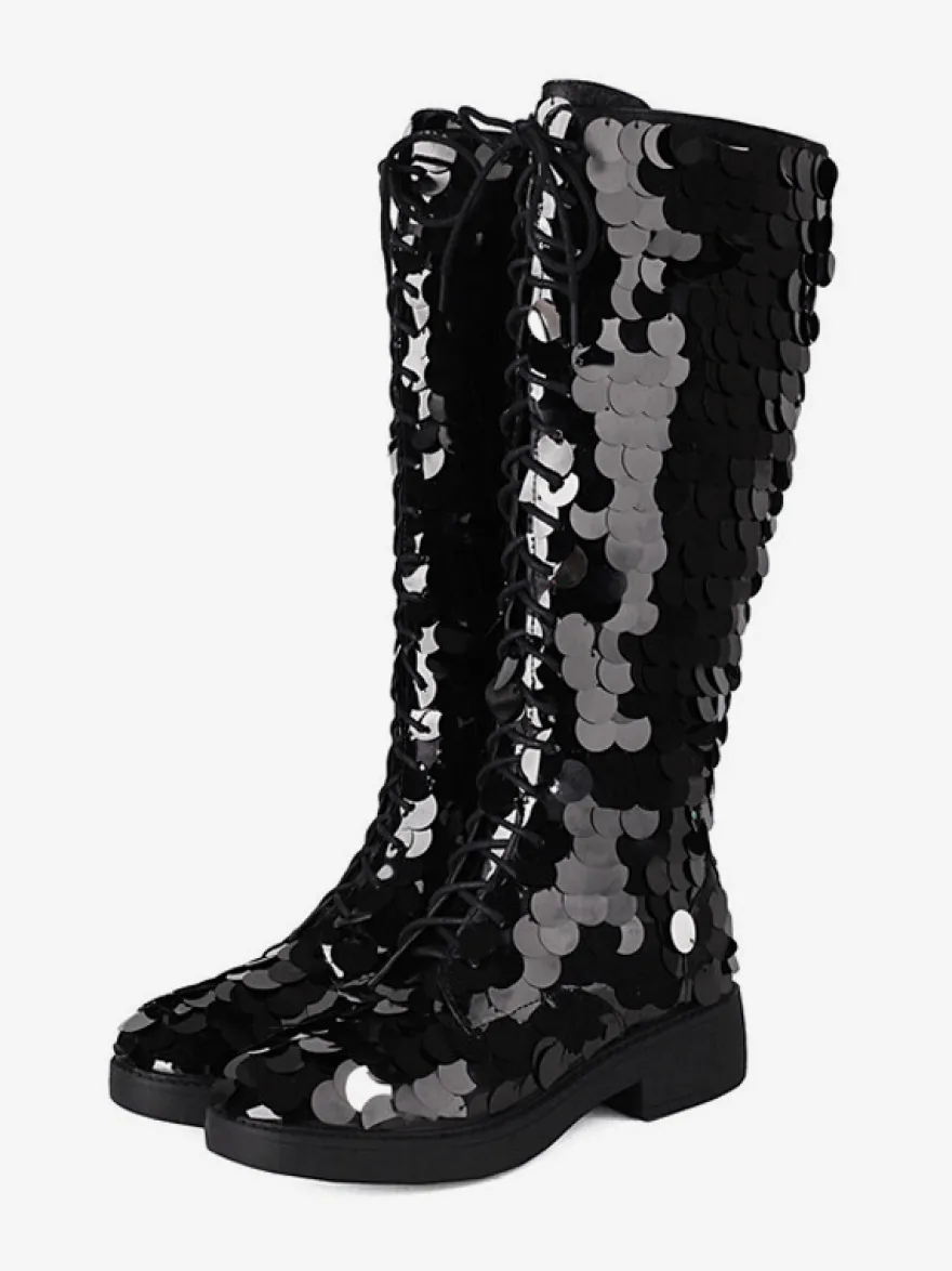 Bottes hautes à paillettes et à lacets bout rond plates pour femmes