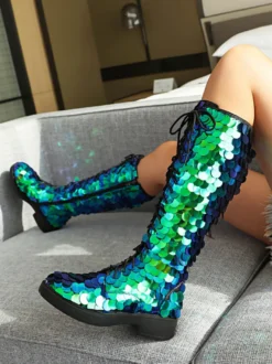 Bottes hautes à paillettes et à lacets bout rond plates pour femmes