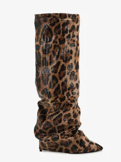 Bottes hautes pour femmes bottes à bout pointu et à paillettes léopard bottes repliables