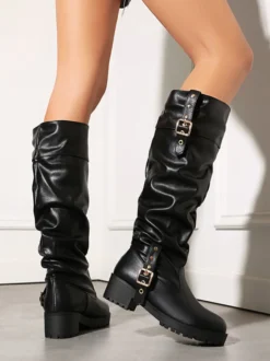 Bottes hautes pour femmes bout rond détails en boucle plates