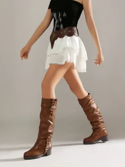 Bottes hautes pour femmes bout rond détails en boucle plates