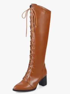 Bottes hautes pour femmes de couleur unie à lacets bottes à talons épais et bout pointu