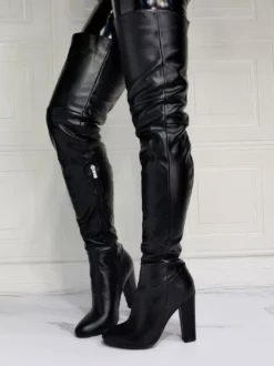 Bottes hautes pour femmes en cuir PU noir à talons épais et hauts au-dessus du genou