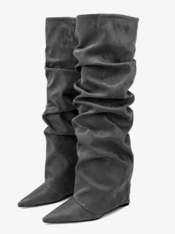 Bottes hautes pour femmes en daim à bout pointu et à rabat plat