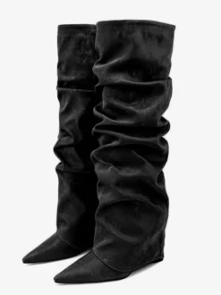 Bottes hautes pour femmes en daim à bout pointu et à rabat plat