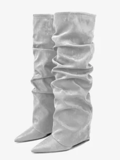 Bottes hautes pour femmes en daim à bout pointu et à rabat plat