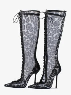 Bottes hautes pour femmes en maille bout pointu lacets talons hauts