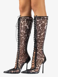 Bottes hautes pour femmes en maille bout pointu lacets talons hauts