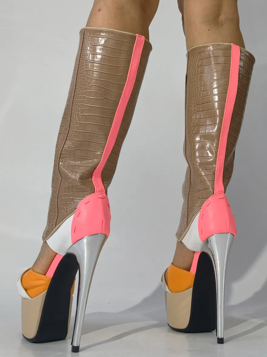 Bottes hautes à talons hauts bottes sandales à plateforme et bout ouvert à motif pierre