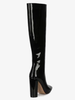 Bottes hauteur genou cuir noir bout pointu cuir brillant talon épais bottes longueur genou pour femme