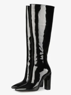 Bottes hauteur genou cuir noir bout pointu cuir brillant talon épais bottes longueur genou pour femme