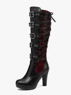 Bottes hauteur genou en cuir PU à talons épais pour femmes