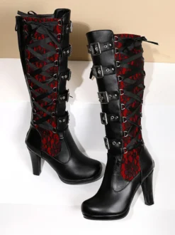 Bottes hauteur genou en cuir PU à talons épais pour femmes