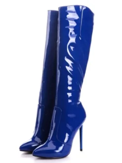 Bottes hauteur genou femme bleu verni bout pointu talon aiguille quotidien décontracté bottes d'hiver en cuir brillant