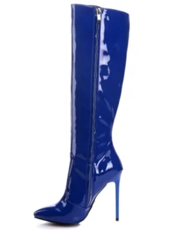 Bottes hauteur genou femme bleu verni bout pointu talon aiguille quotidien décontracté bottes d'hiver en cuir brillant