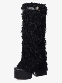 Bottes hauteur genou noires avec boucle à plateforme et détails en fausse fourrure