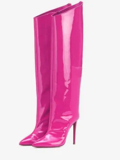 Bottes hauteur genou rouge bout pointu cuir brillant talon aiguille bottes longueur genou pour femme