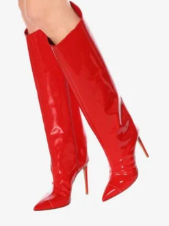 Bottes hauteur genou rouge bout pointu cuir brillant talon aiguille bottes longueur genou pour femme