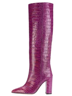 Bottes hauteur genou à talons épais et imprimé croco pour femmes