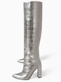 Bottes hauteur genou à talons épais et imprimé croco pour femmes