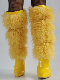 Bottes jaunes hautes en fausse fourrure à bout pointu et talons hauts