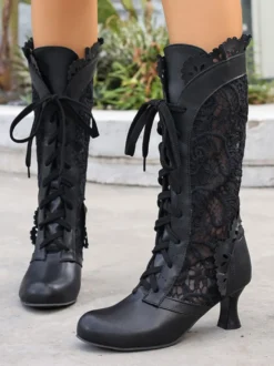 Bottes Lolita classiques en dentelle bout rond en cuir PU chaussures Lolita noires