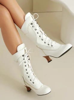 Bottes Lolita classiques style vintage bout rond en cuir PU chaussures Lolita noires