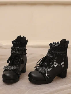 Bottes Lolita de style ROCOCO en cuir PU lacets volants chaînes bout rond chaussures Lolita noires