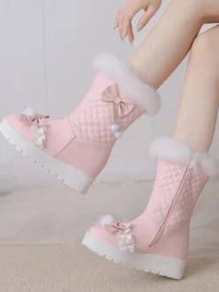 Bottes Lolita douces en cuir PU à bout rond Chaussures Lolita roses