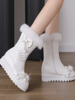 Bottes Lolita douces en cuir PU à bout rond Chaussures Lolita roses