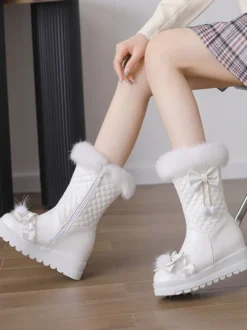 Bottes Lolita douces en cuir PU à bout rond Chaussures Lolita roses