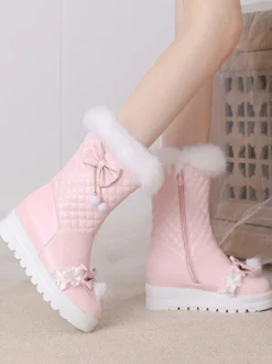 Bottes Lolita douces en cuir PU à bout rond Chaussures Lolita roses