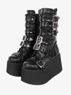 Bottes Lolita Gothiques Cuir PU Œillets Bicolores Bout Rond Chaussures Lolita Noires