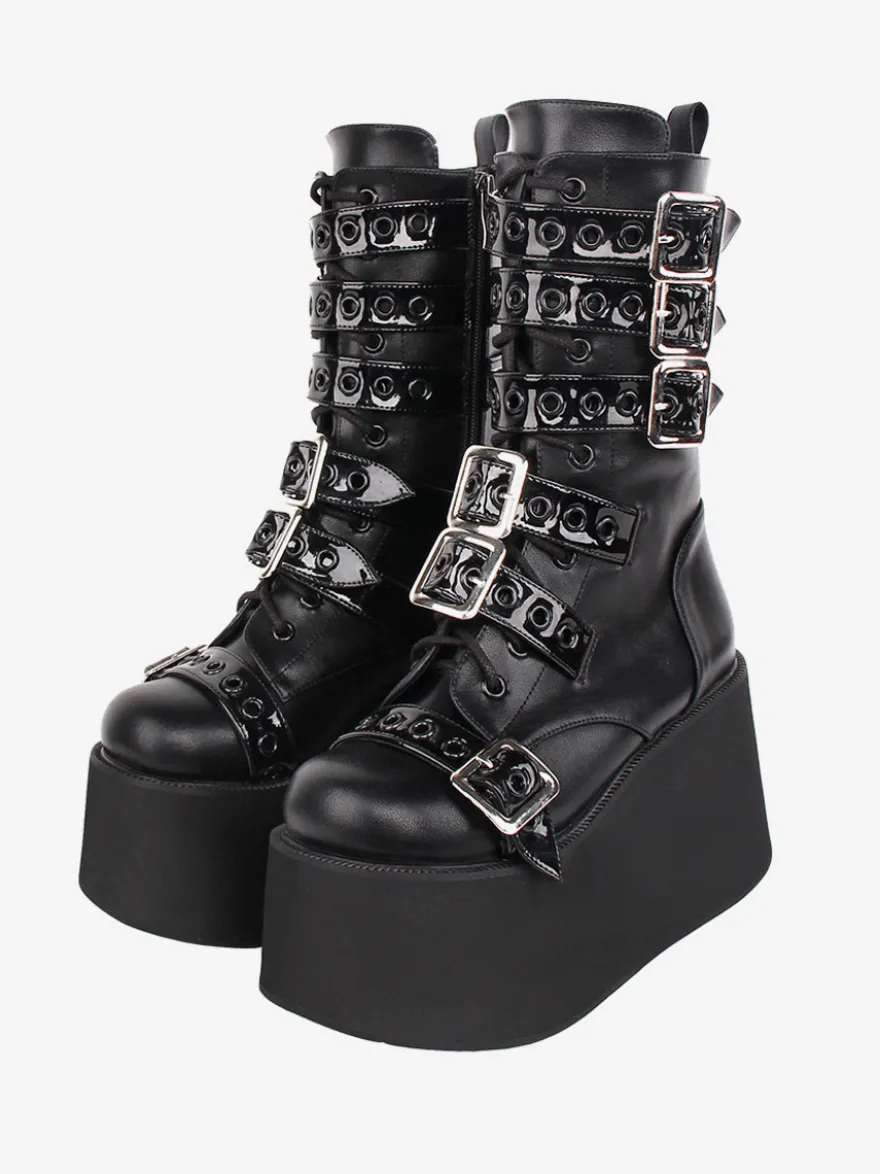 Bottes Lolita Gothiques Cuir PU Œillets Bicolores Bout Rond Chaussures Lolita Noires