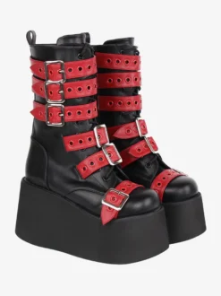 Bottes Lolita Gothiques Cuir PU Œillets Bicolores Bout Rond Chaussures Lolita Noires