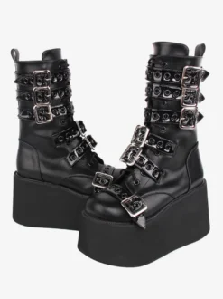Bottes Lolita Gothiques Cuir PU Œillets Bicolores Bout Rond Chaussures Lolita Noires